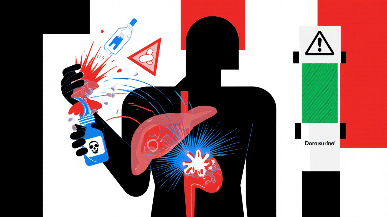 Silhouette umana con flussi di farmaci che interagiscono con il fegato, in stile Bauhaus con colori contrastanti.