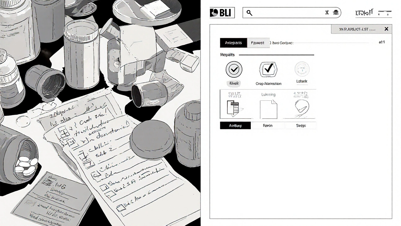 Tavolo con farmaci e liste scritte accanto a un&#039;interfaccia digitale di controllo.