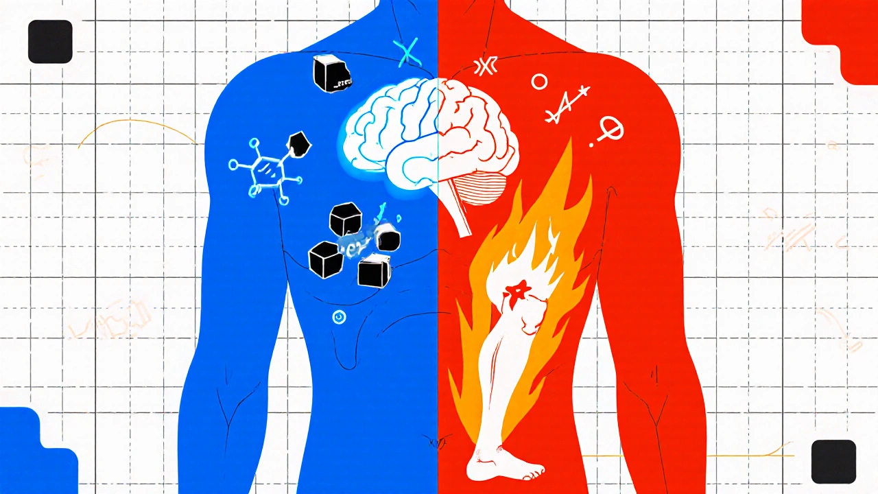 Torso umano diviso tra paracetamolo e FANS, con simboli geometrici di infiammazione e cervello.