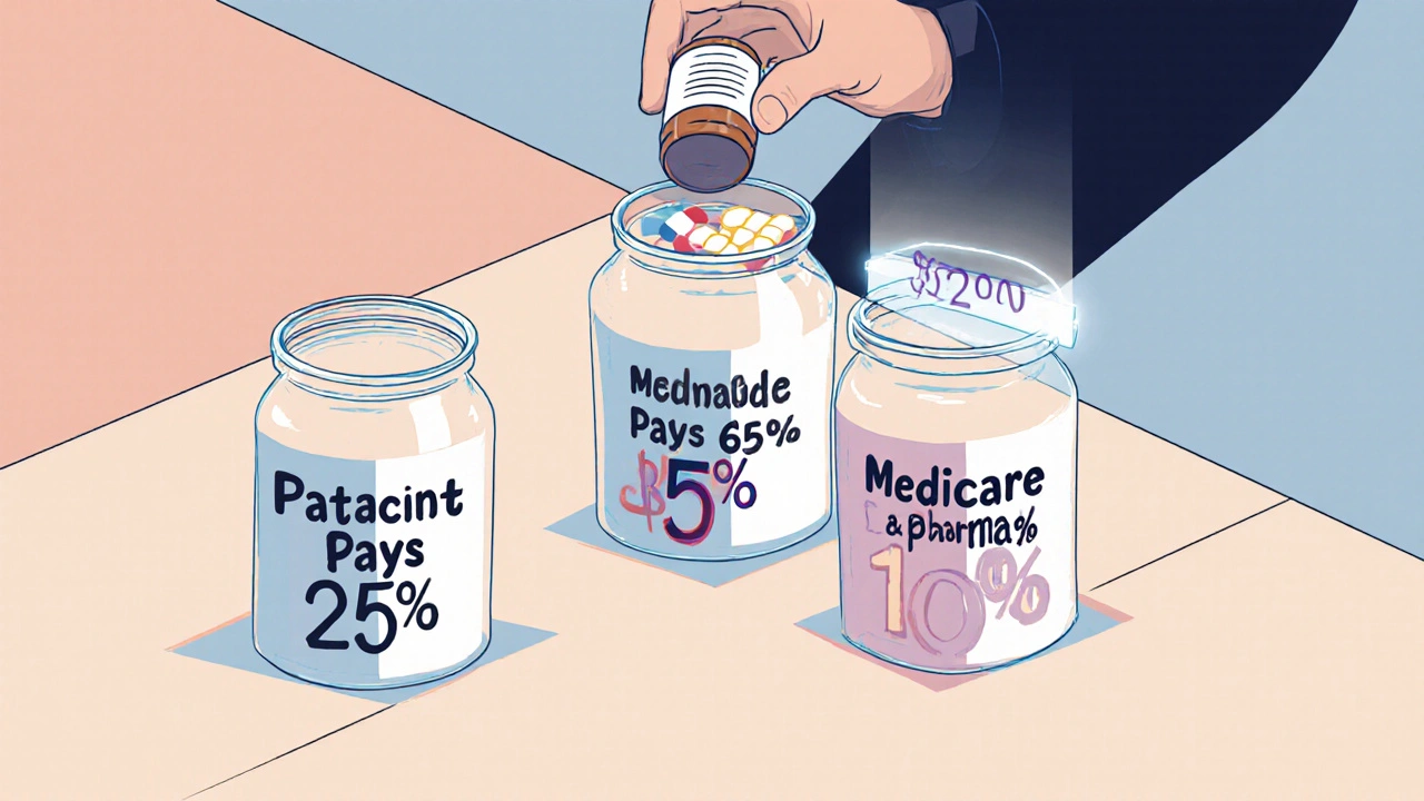 Tre barattoli trasparenti con le percentuali di pagamento per i farmaci Medicare in una composizione geometrica.