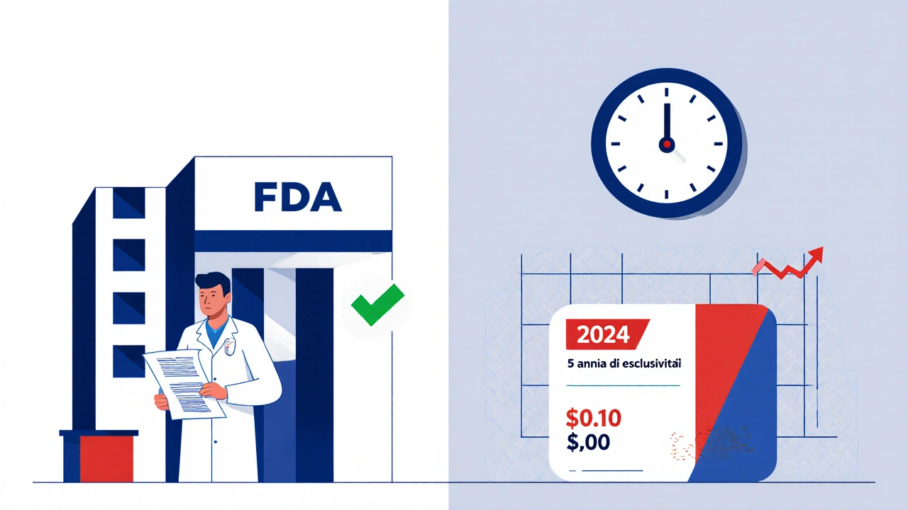 Un farmaco bloccato da un muro invisibile con la scritta &#039;5 anni di esclusività&#039;, mentre un orologio segna il 2024.