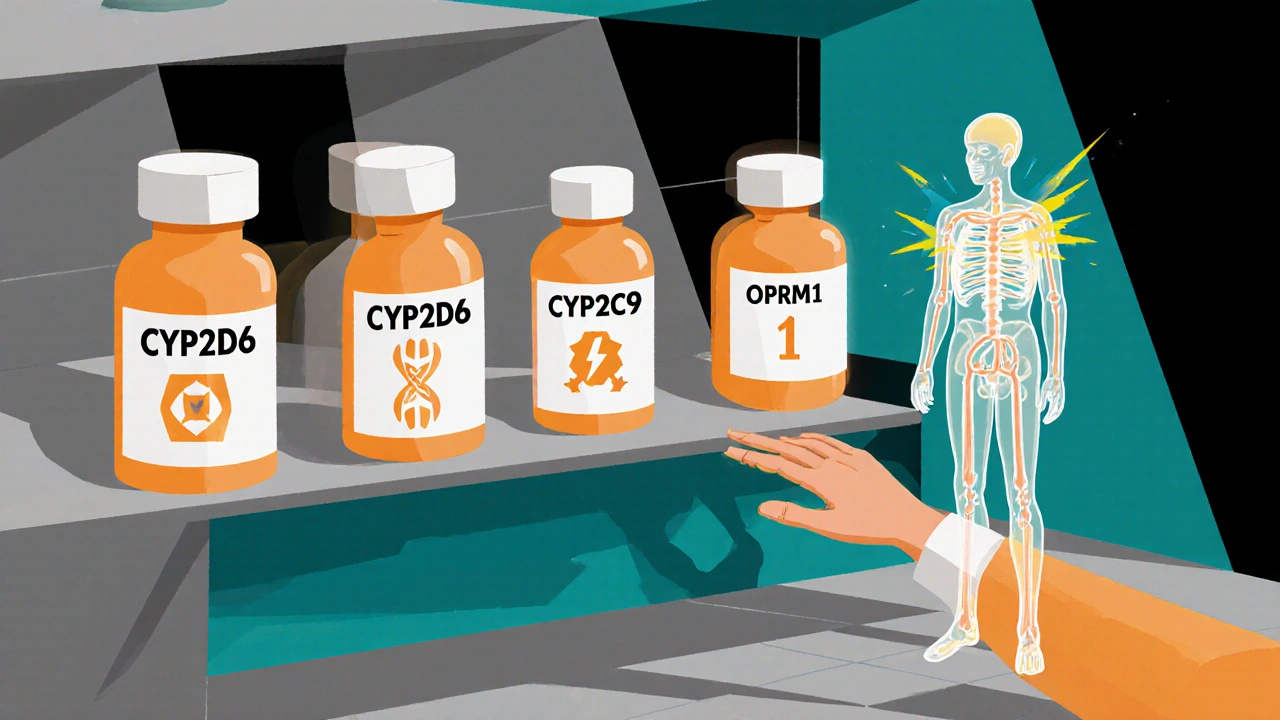 Una scaffalatura farmaceutica con farmaci contrassegnati da profili genetici, accanto a una figura umana con vie metaboliche visibili.