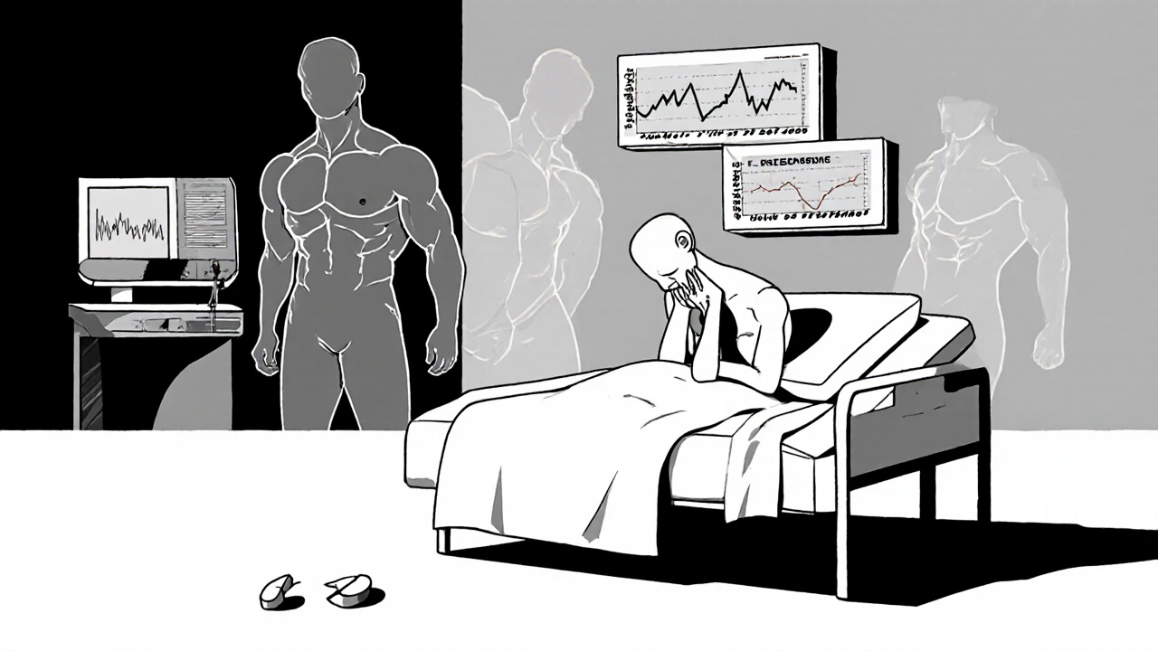 Uomo depressivo circondato da tracce del suo corpo precedente e valori medici instabili in stile Bauhaus.