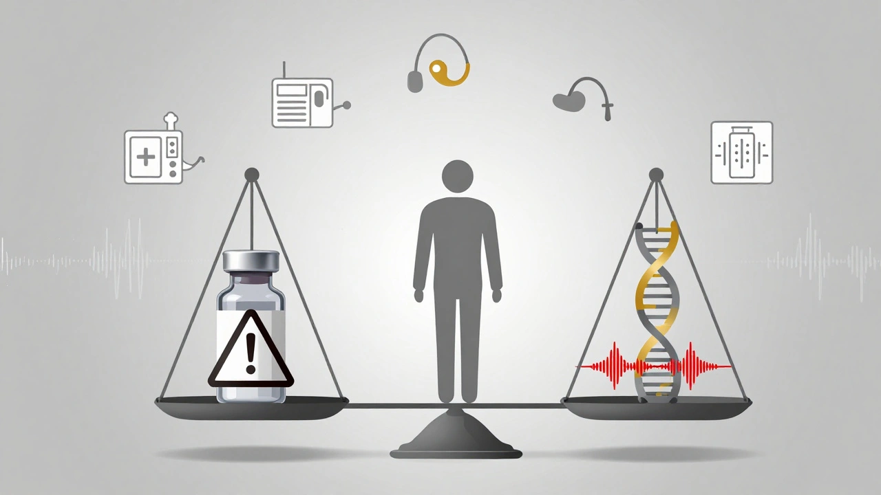 Balança entre vancomicina, genética e audição em design minimalista Bauhaus com símbolos médicos.