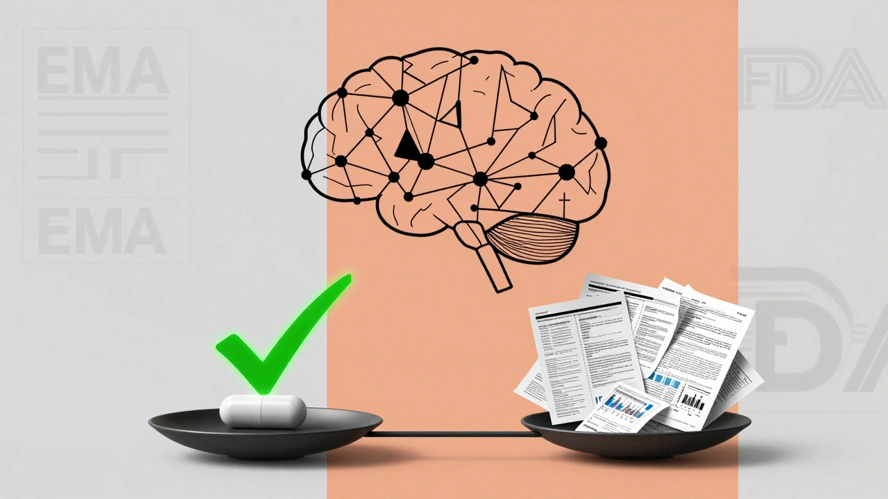 Bilancia che pesa un farmaco sicuro contro dati complessi, con una rete neurale geometrica in sfondo.