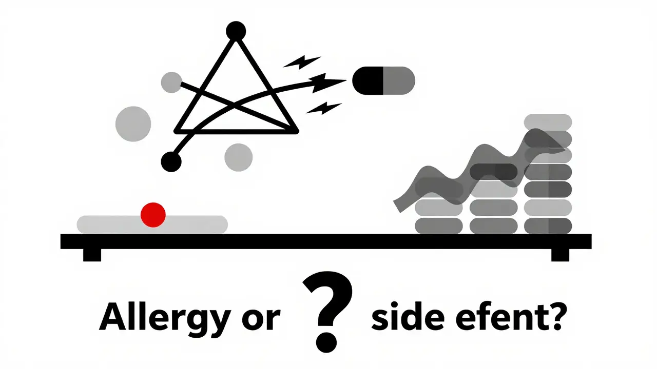 Bilancia concettuale Bauhaus che mostra la differenza tra allergia e effetto collaterale con forme astratte e simboli medici.