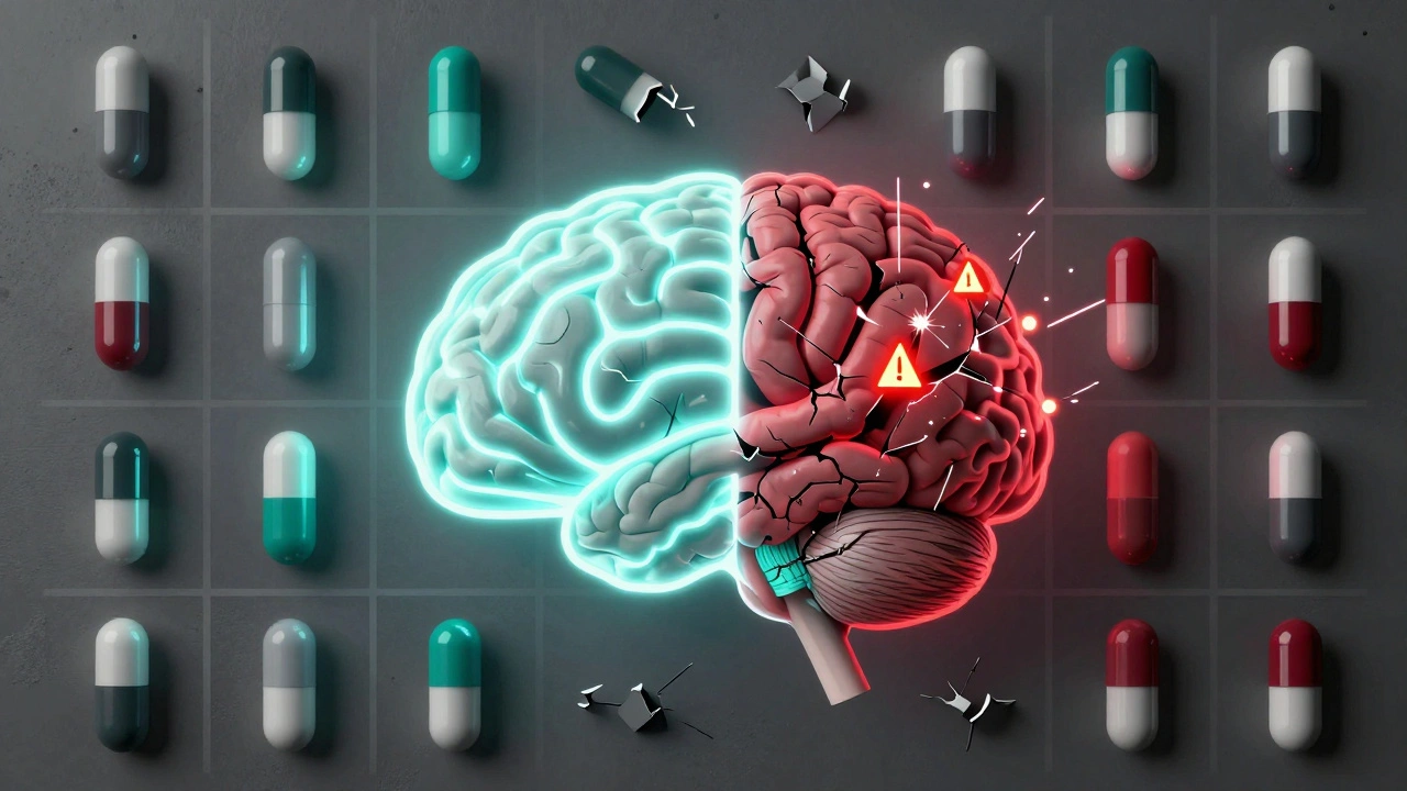 Cervello diviso tra impulsi regolari e crisi di astinenza, in stile Bauhaus.
