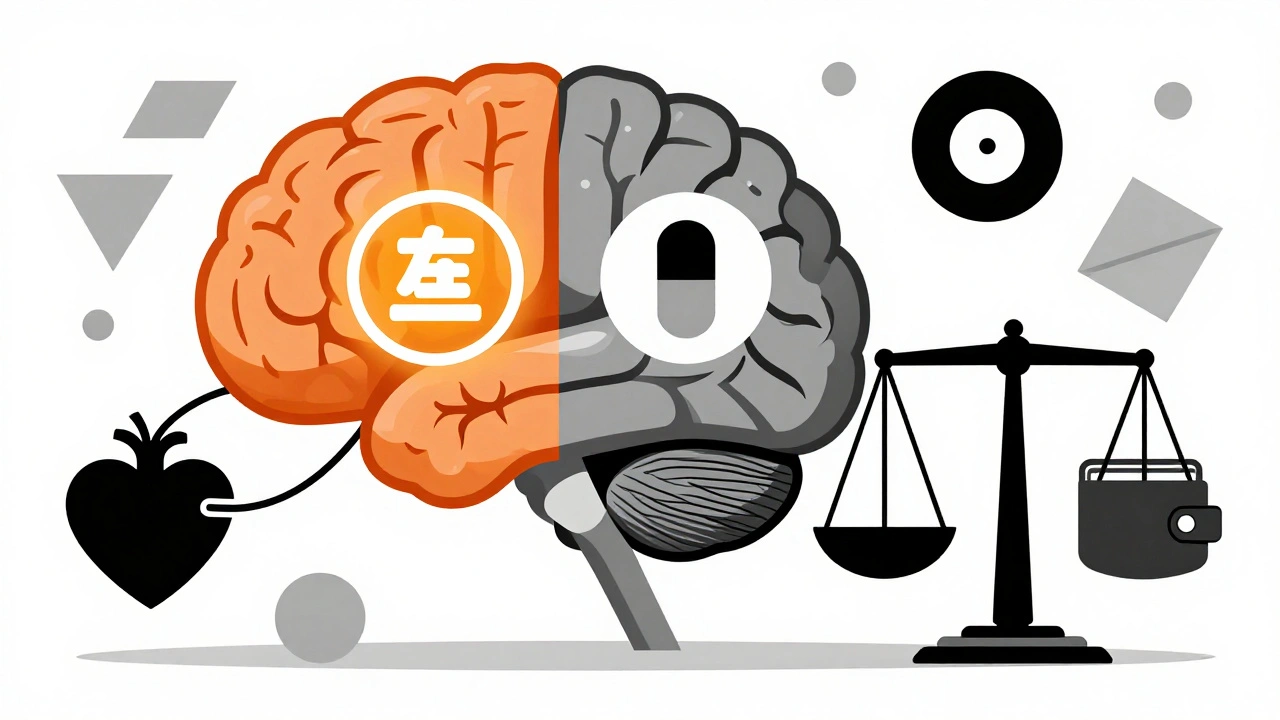 Cervello diviso tra marchio e generico, con forme geometriche che rappresentano fiducia e costo.