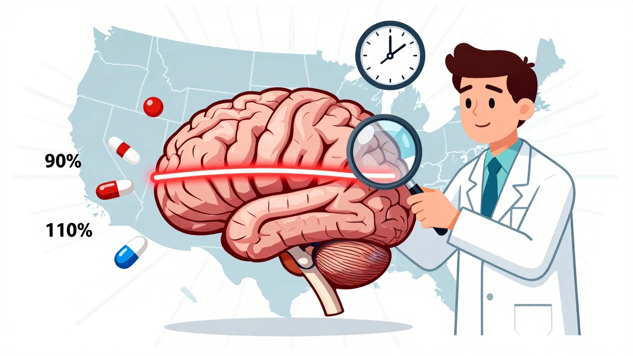 Cervello umano con linea rossa che indica finestra terapeutica stretta, con molecole di farmaci e neurologo che osserva.