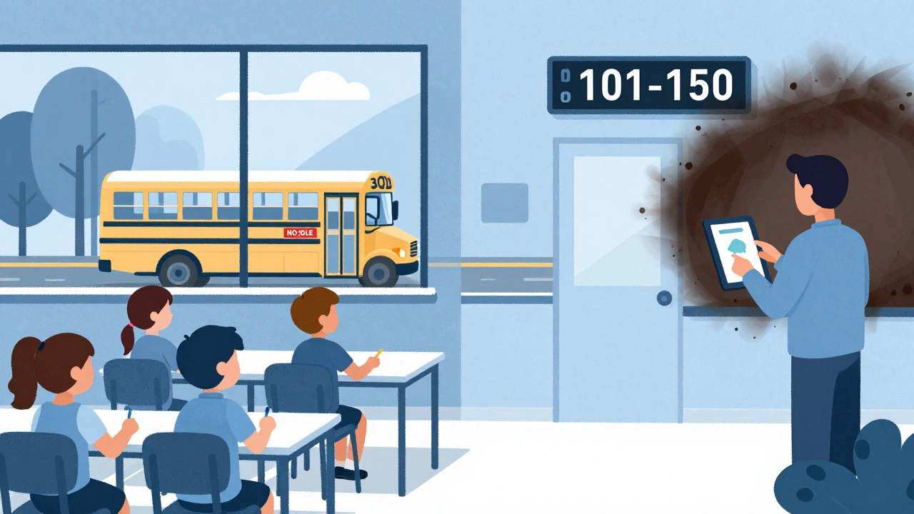 Classe scolastica con bus che idla lontano e misuratore AQI che segnala aria non salubre.