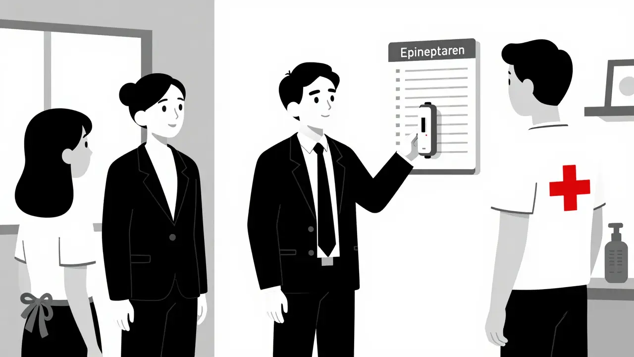 Colleghi in ufficio accedono a un dispositivo di epinefrina montato a muro, in un ambiente minimalista.