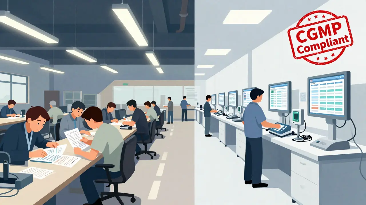 Confronto tra produzione disordinata e linee di produzione conformi agli standard CGMP.