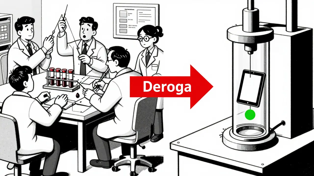 Confronto tra studi umani caotici e un laboratorio pulito con un tablet che si scioglie in un cilindro trasparente.