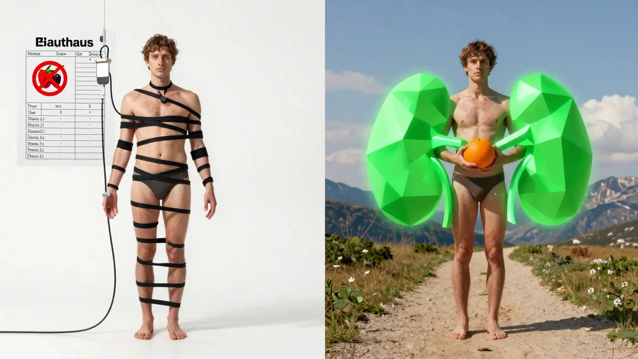 Contrasto tra vita in dialisi e vita dopo trapianto, in stile Bauhaus con colori primari.