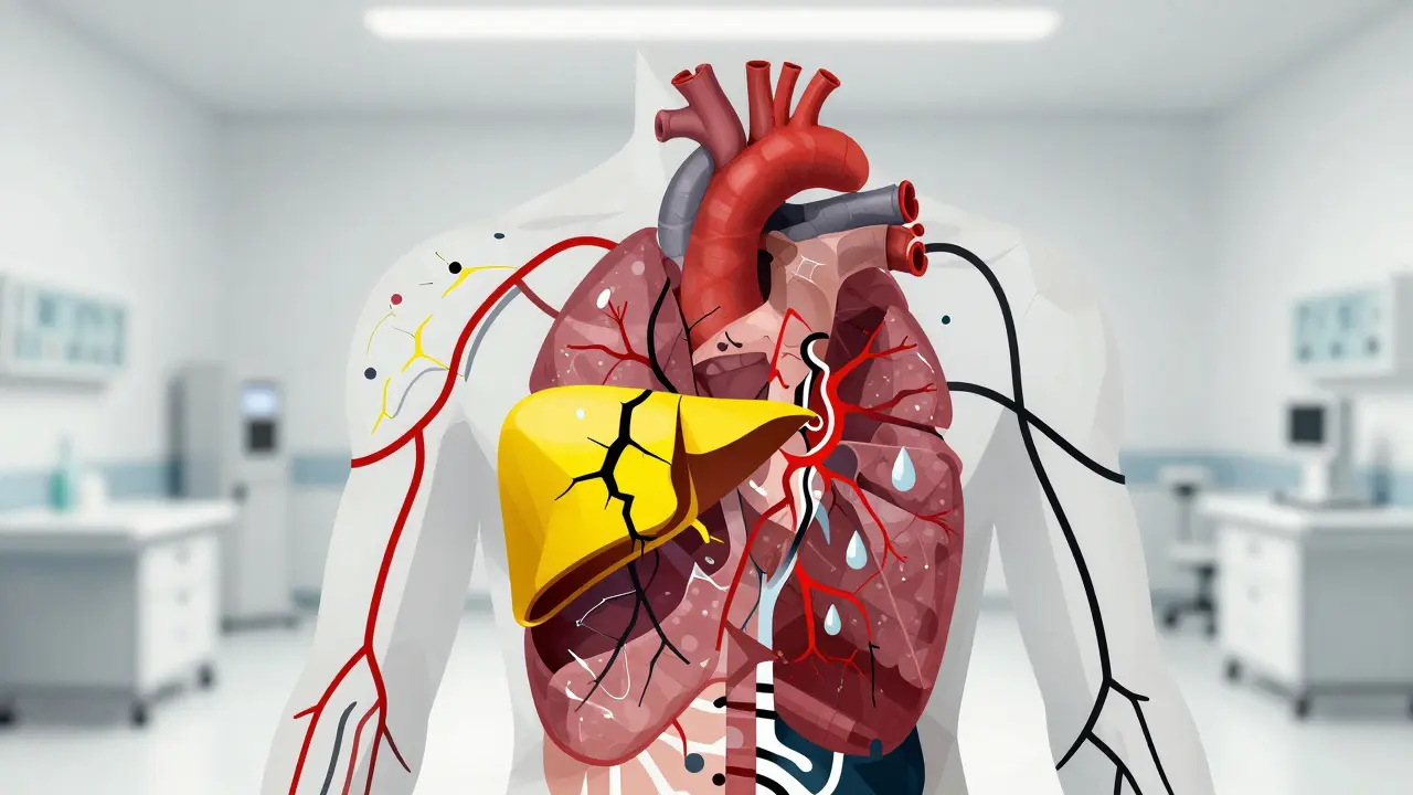 Corpo umano rappresentato come forme astratte di organi danneggiati, stile Bauhaus.