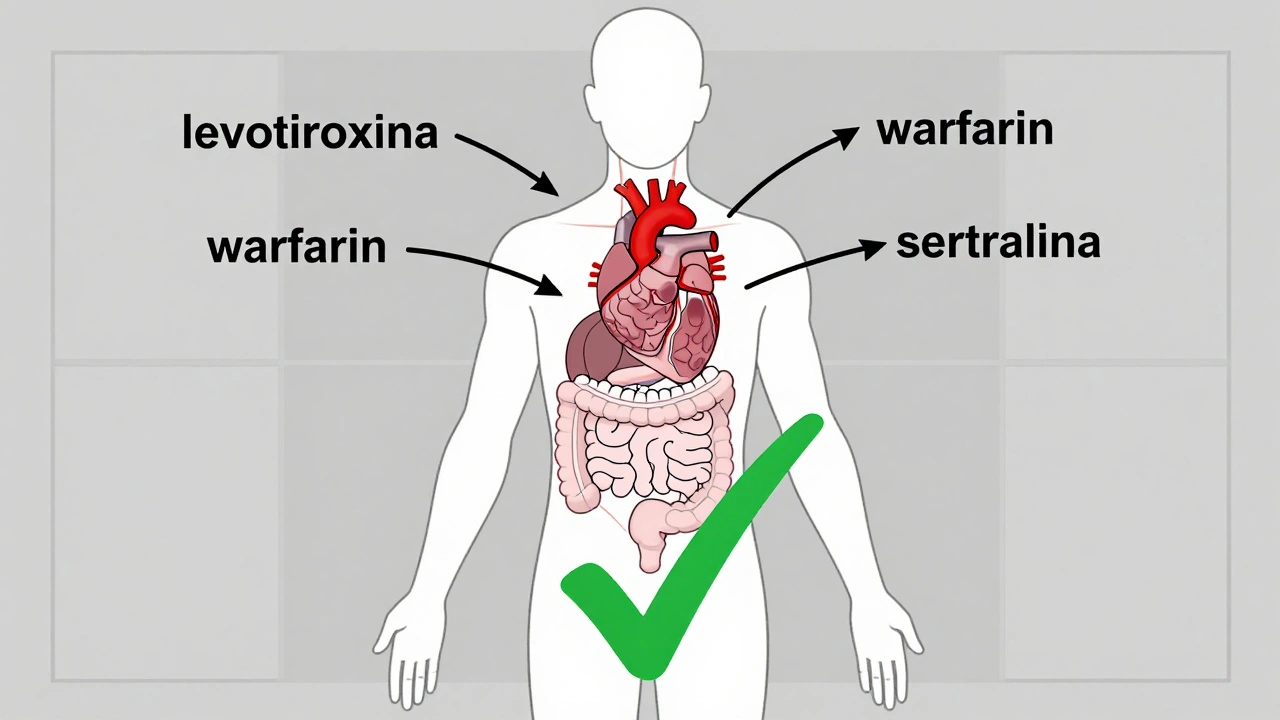 Corpo umano stilizzato con farmaci che arrivano agli organi e avvertimenti sugli eccipienti.