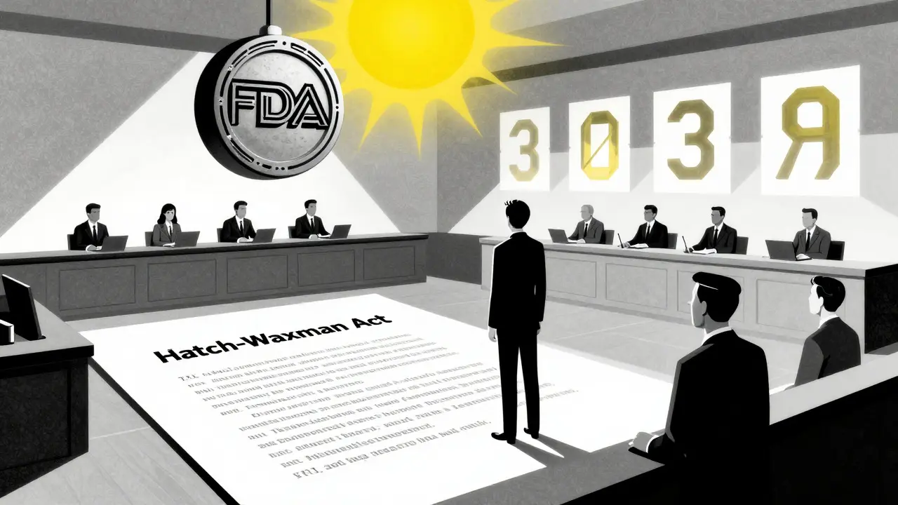 Corte astratta con documenti legali come pavimento e un timer geometrico che conta i 30 mesi di sospensione.