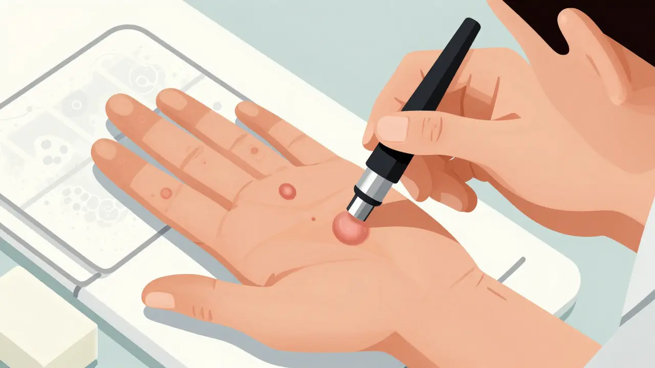 Dermatologo che esamina lesioni cutanee con un dermatoscopio, in stile Bauhaus con linee pulite e toni neutri.