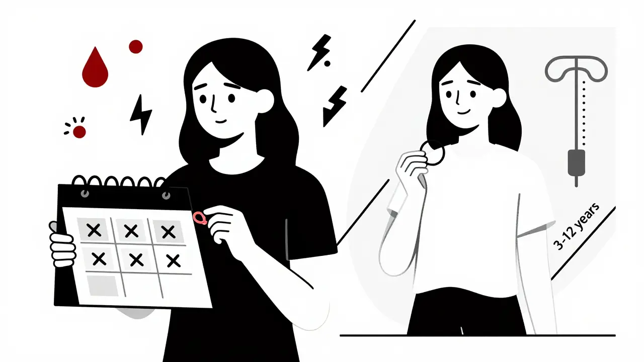 Donne con metodi contraccettivi diversi, circondate da simboli di rischio e calma, in stile Bauhaus.