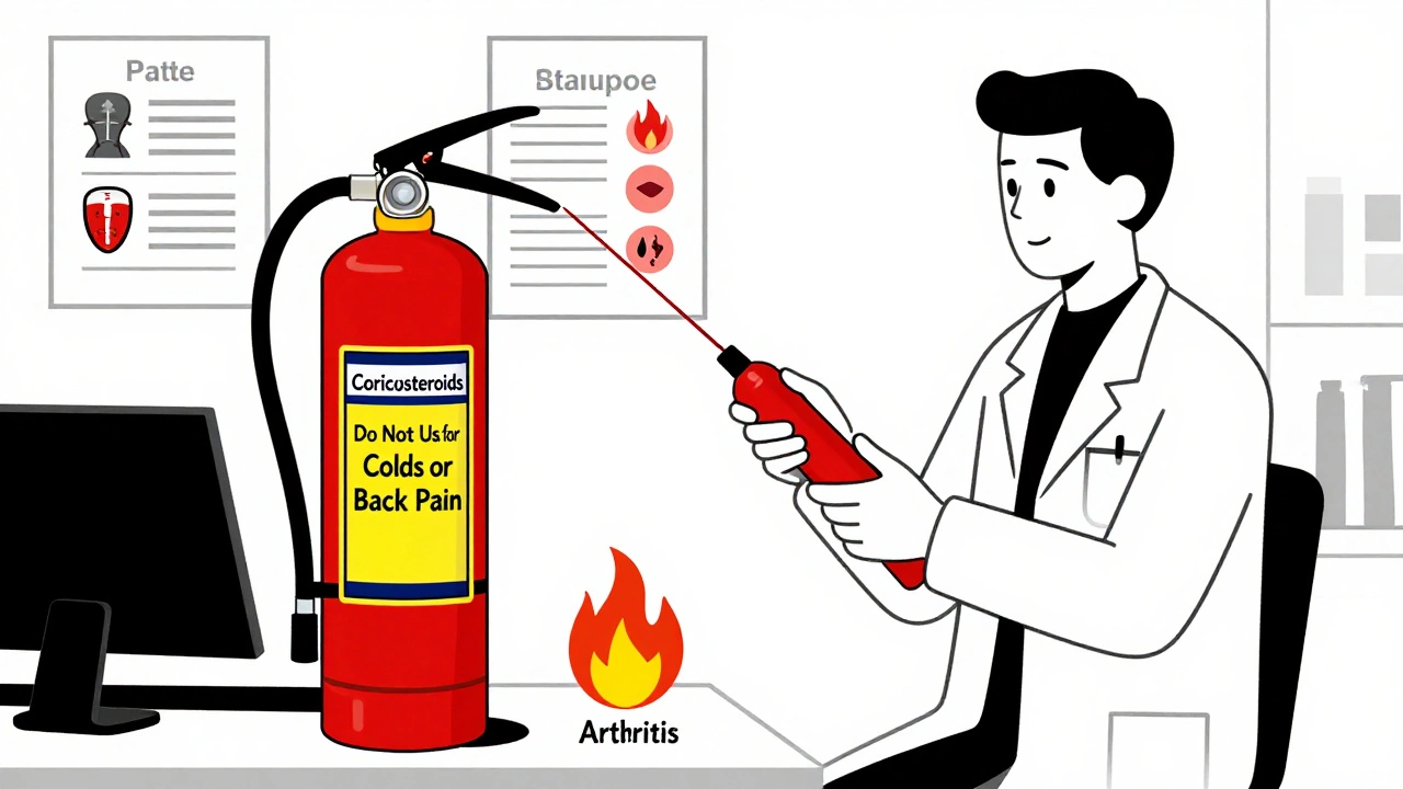 Dottore che usa un estintore per spegnere l&#039;infiammazione, mentre danni collaterali bruciano sullo sfondo.