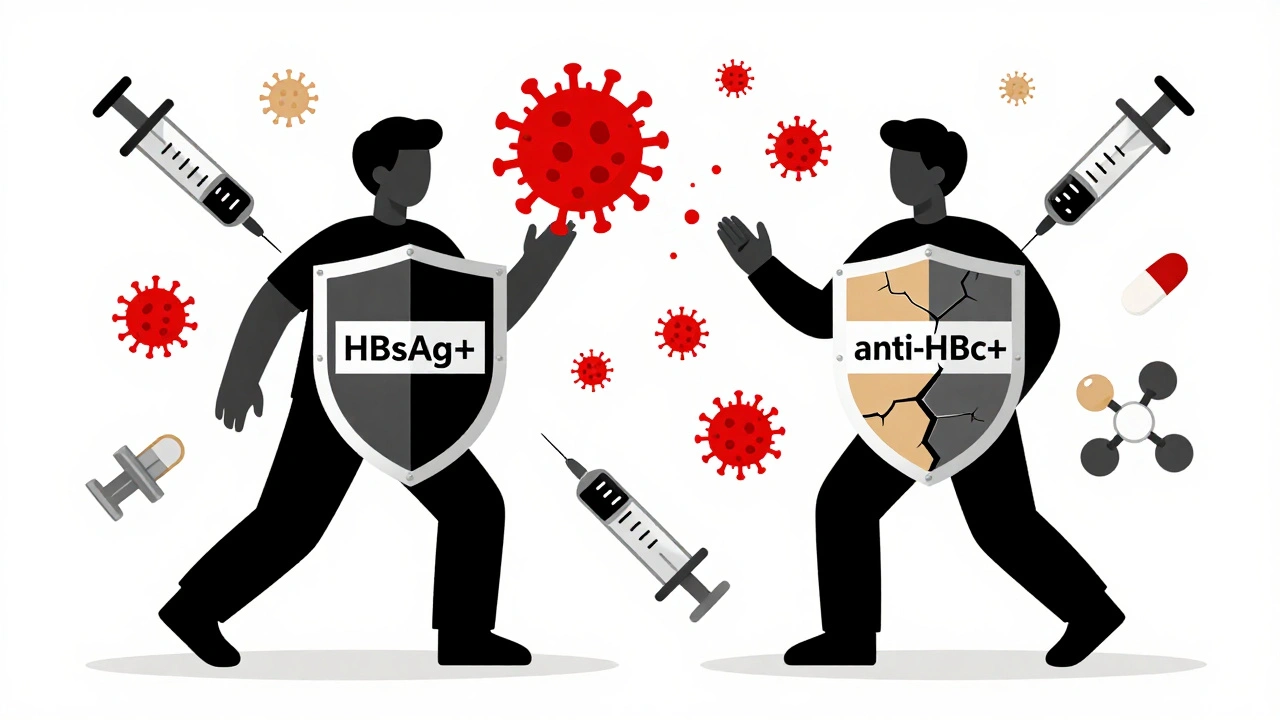 Due pazienti con scudi diversi attaccati da virus, rappresentati in forme geometriche.