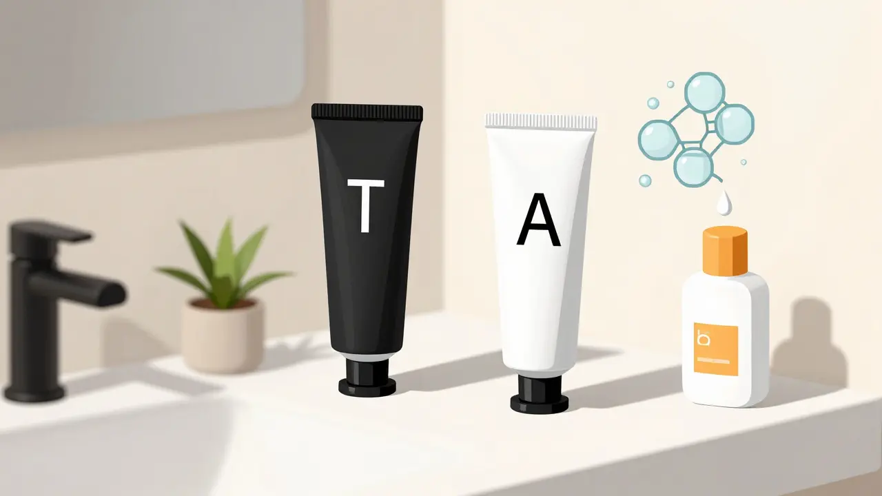 Due tubi di crema su un bancone con forme geometriche che simboleggiano l'azione della tretinoina e dell'adapalene.