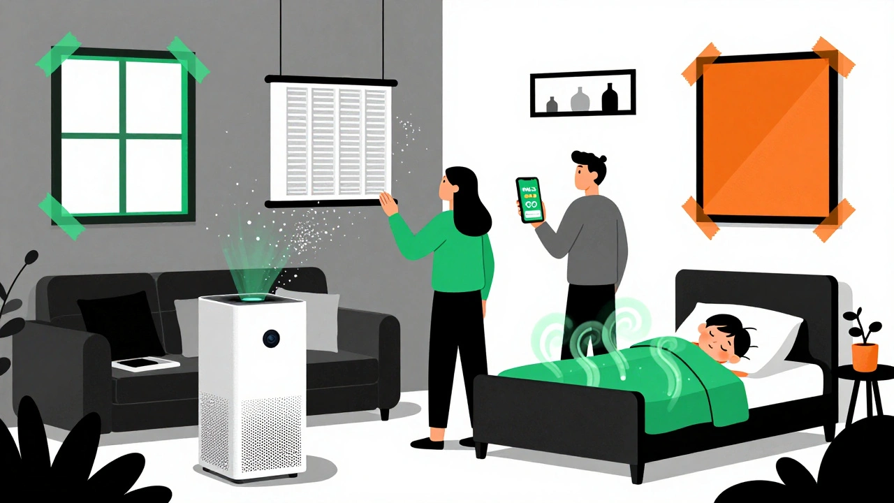 Famiglia in soggiorno con purificatore d&#039;aria e app per la qualità dell&#039;aria, particelle inquinanti che scompaiono.