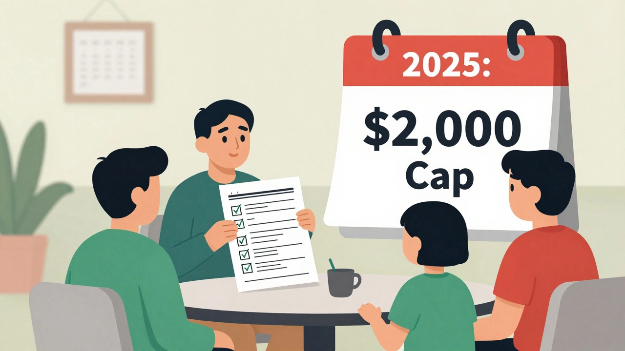 Family reviewing a formulary chart in a care facility, with a calendar showing 2025 ,000 cap in minimalist Bauhaus design.