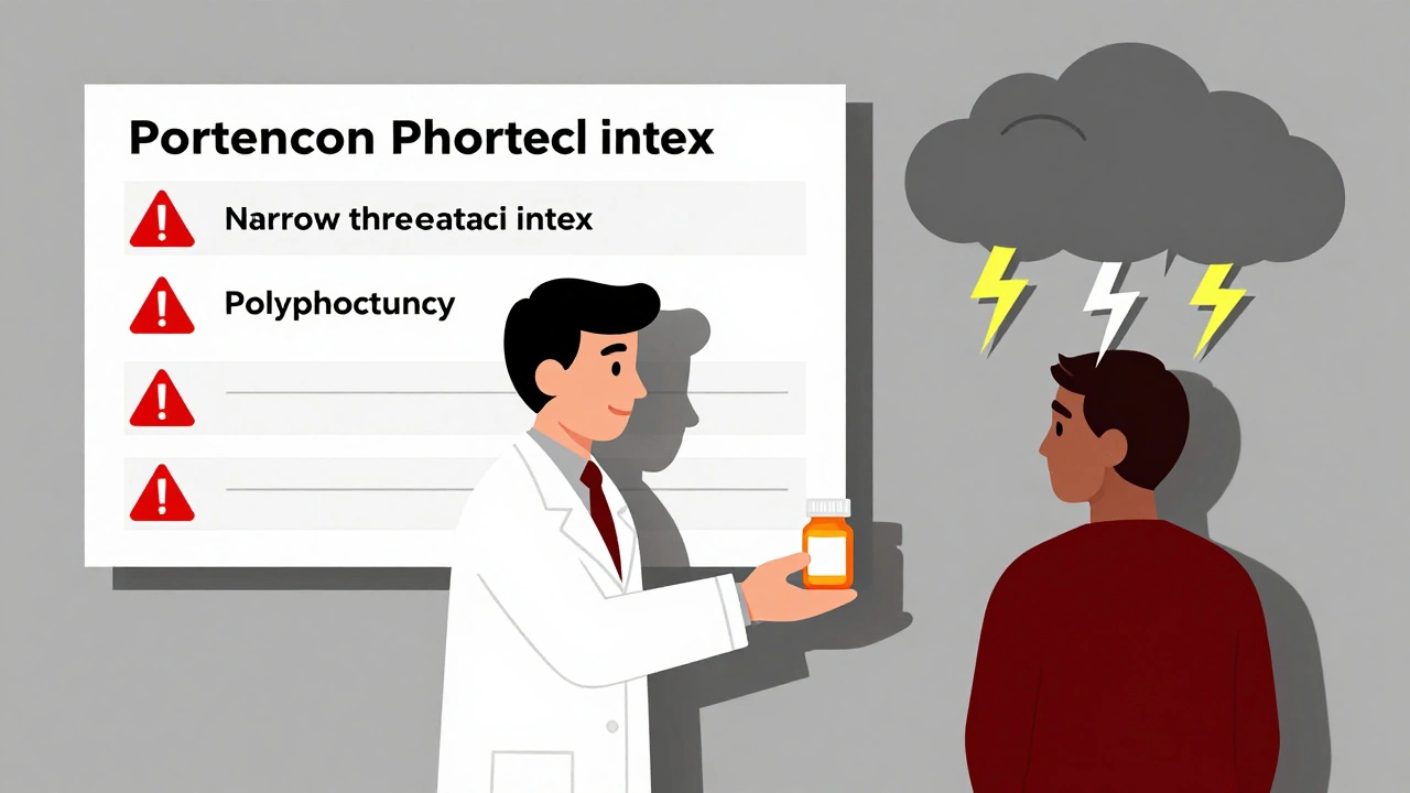 Farmacista che consegna una pillola mentre uno schermo mostra segnali di rischio clinico.