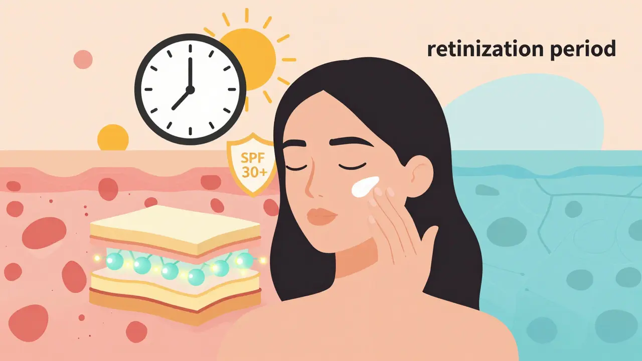 Mano che applica crema con forme astratte che rappresentano il periodo di adattamento e la protezione solare.