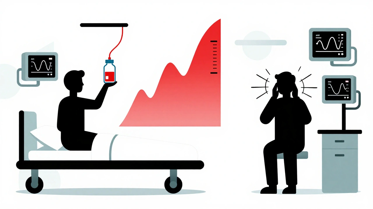 Paciente em leito hospitalar com ondas vermelhas de dano renal e sons quebrados em estilo geométrico.