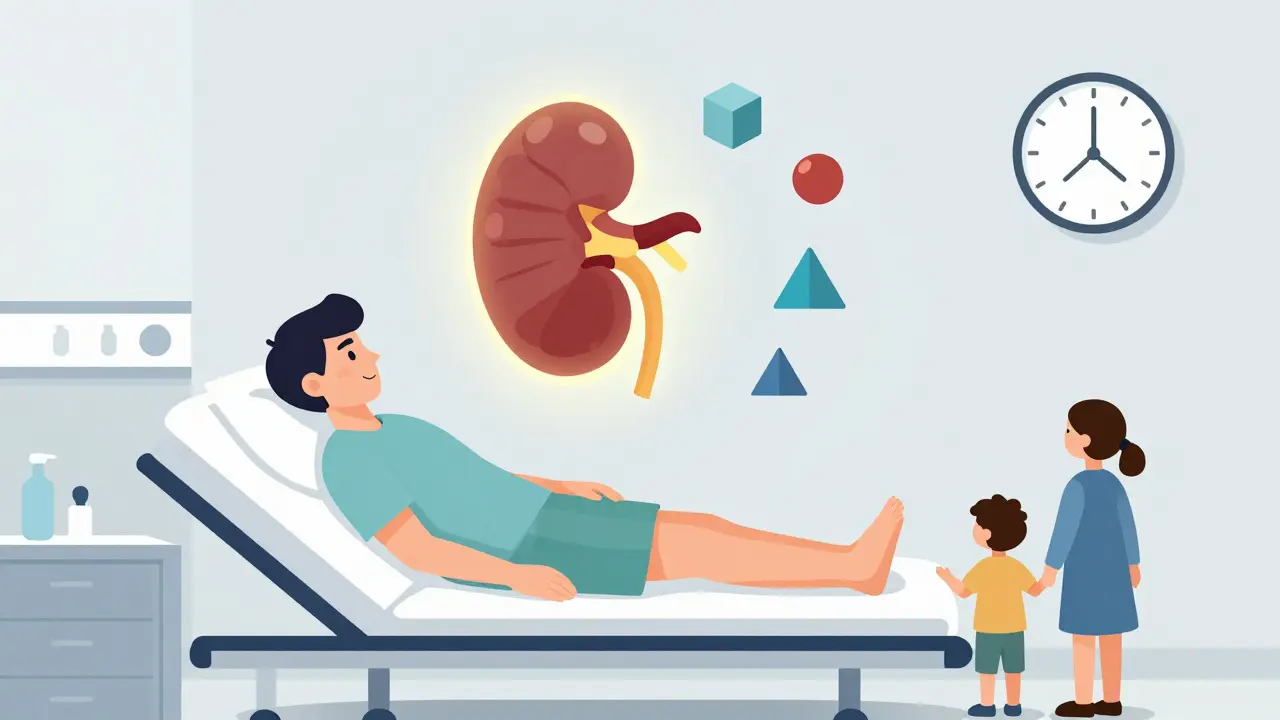 Paziente dopo trapianto renale con rene stilizzato e farmaci a forma di forme geometriche.