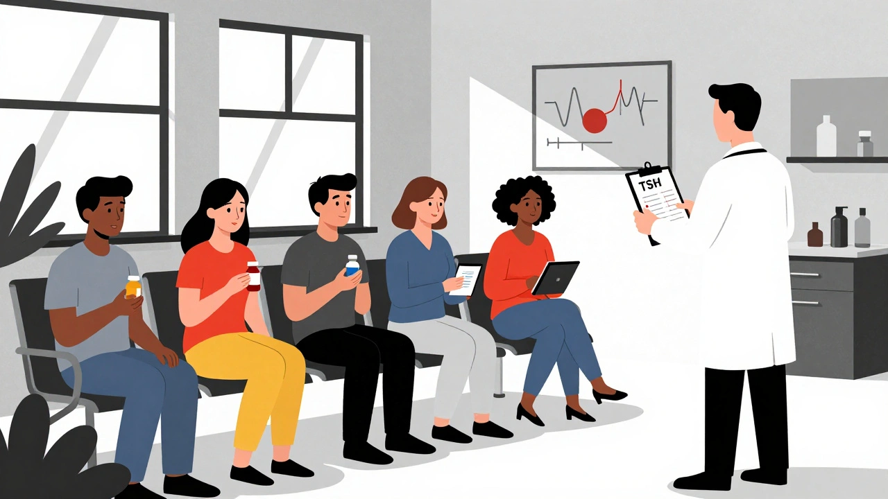 Pazienti in una clinica con farmaci e grafici, stile geometrico e colori primari.