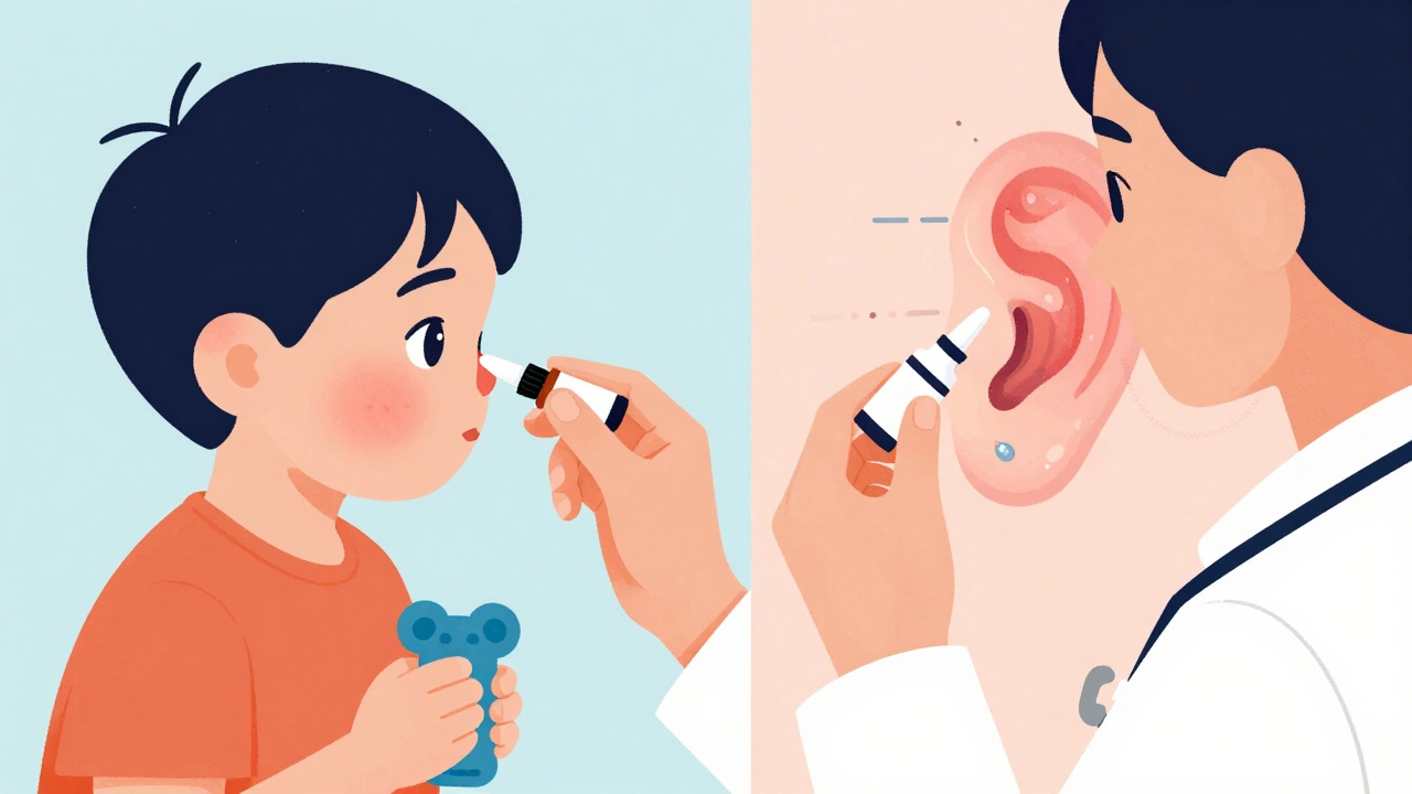 Pediatra che osserva un bambino con otite media, confronto tra orecchio sano e infetto in stile Bauhaus.