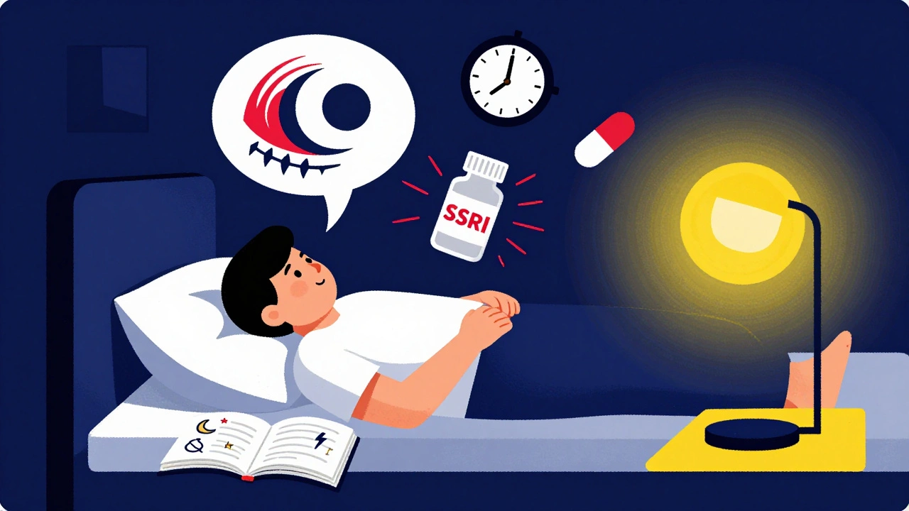 Persona a letto con sogni vividi e diario del sonno, stile Bauhaus con forme geometriche e colori primari.