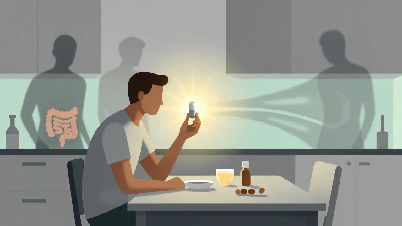 Persona che assume una capsula prima del pasto, mentre i sintomi dello stress intestinale si dissolvono in forme astratte.