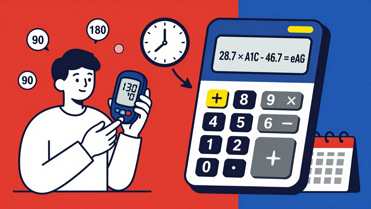 Persona che controlla il glucosio con un glucometro e una calcolatrice che mostra la formula per l&#039;eAG in stile Bauhaus.
