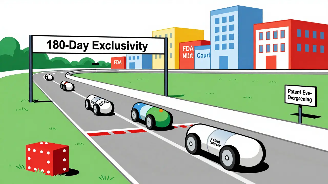 Pista di corsa con pillole come auto in gara verso l'esclusività di 180 giorni, ostacoli a forma di brevetti.