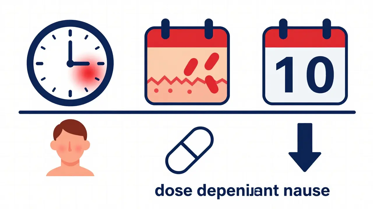 Rappresentazione stilizzata in stile Bauhaus dei tempi e sintomi di reazioni ai farmaci: immediata, ritardata e collaterale.
