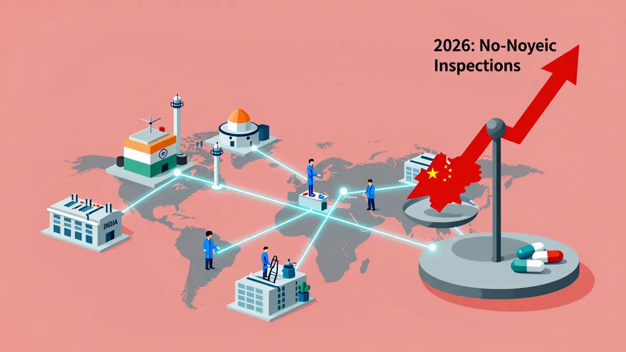 Rete globale di fabbriche collegate da ispezioni FDA, con bilancia che pesa sicurezza e farmaci.