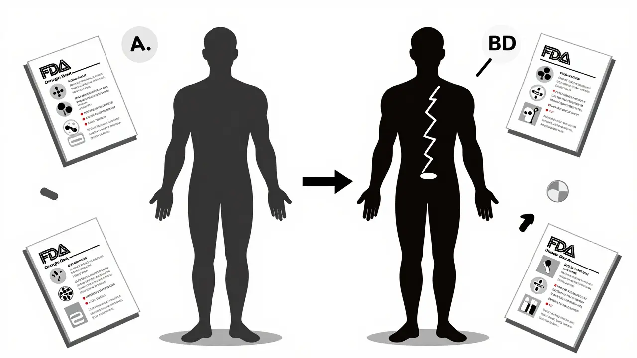 Silhouette umana con flussi di assorbimento farmaco, confronto tra AB e B in stile geometrico.