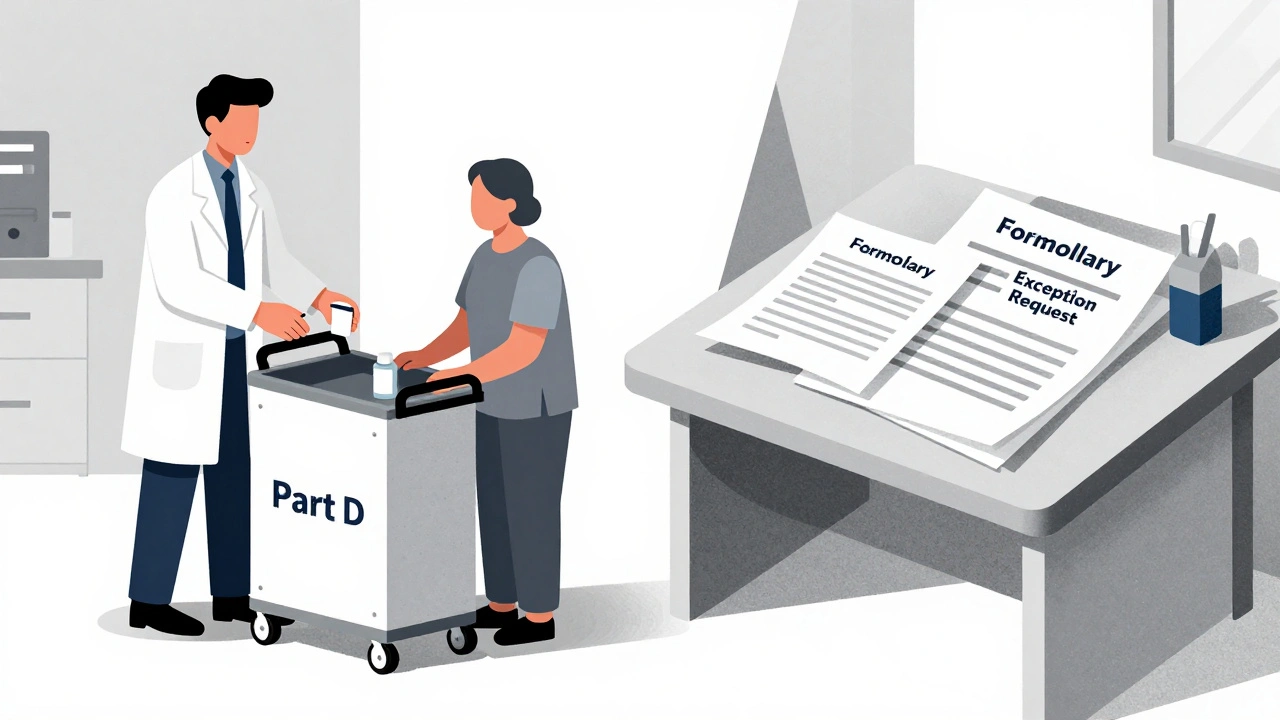 Split scene: pharmacist delivering meds labeled Part D vs. desk with formulary and deadline papers in geometric Bauhaus style.
