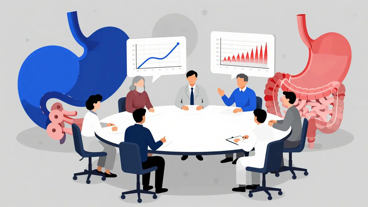 Team di esperti che analizzano curve di dissoluzione su un tavolo geometrico con rappresentazioni degli organi.