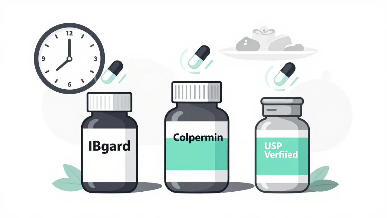 Tre marchi di capsule di olio di menta piperita disposti in composizione geometrica con onde di mentolo e un orologio che indica il momento ideale di assunzione.