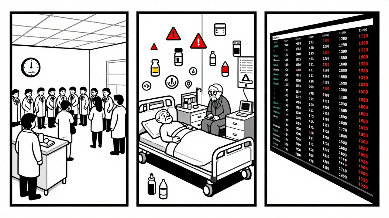 Tre pannelli geometrici che confrontano prove cliniche controllate con la realtà dei pazienti e i dati in tempo reale.
