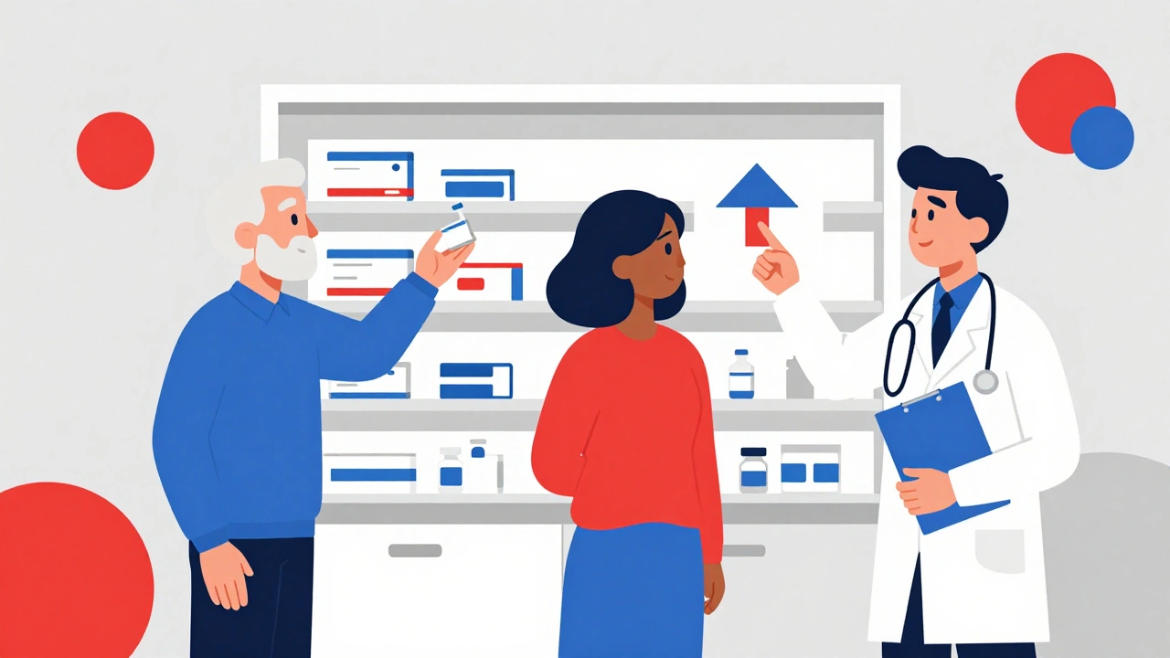 Tre pazienti davanti a uno scaffale di farmaci, in stile Bauhaus, con simboli di scelta e pressione sociale.