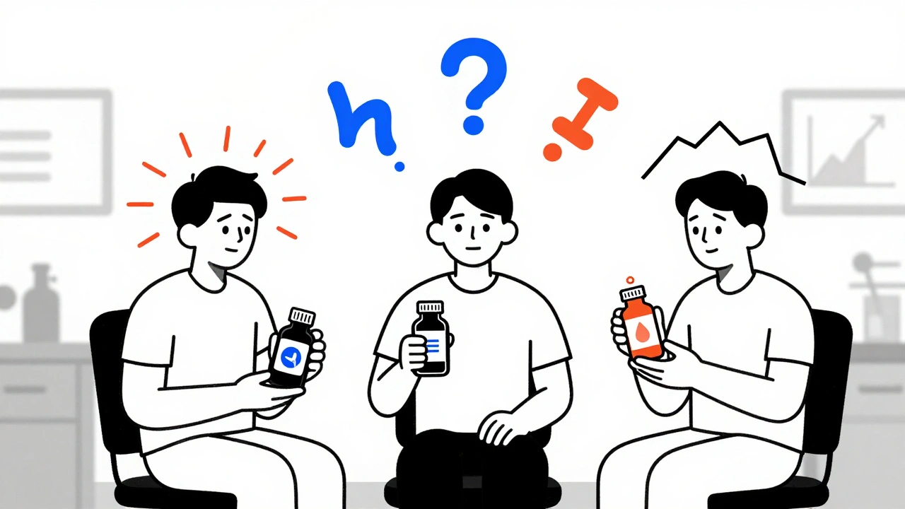 Tre pazienti in una stanza minimalista con neurotrasmettitori instabili sopra di loro.