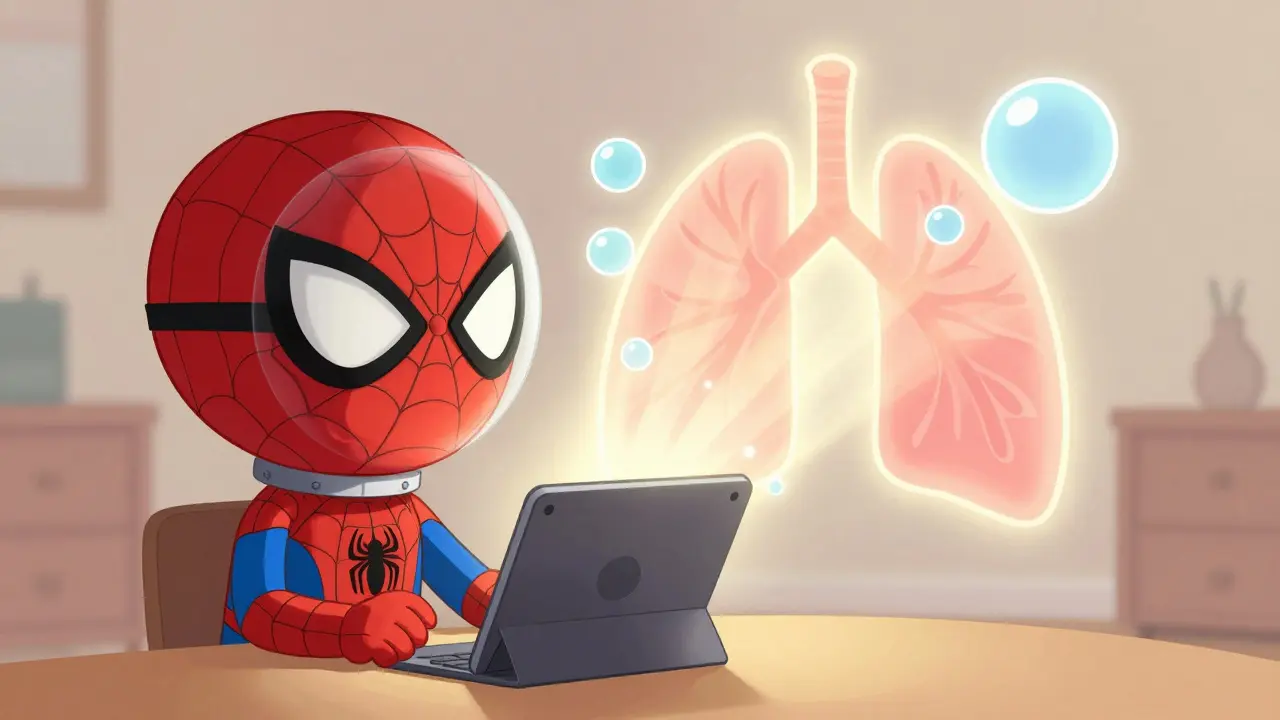 Bambino che usa una maschera con personaggio mentre guarda un cartone animato.