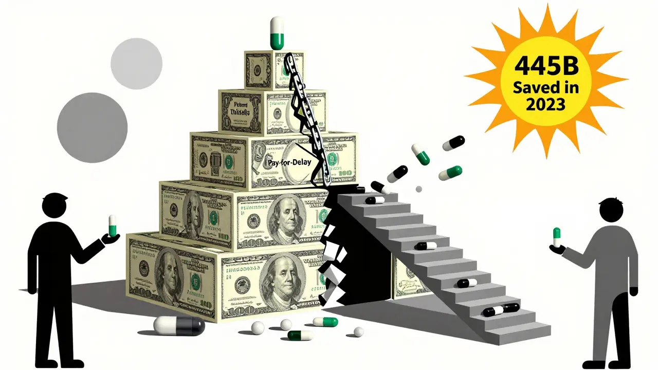 Catena di brevetti spezzata che forma una piramide di dollari, con pillole biosimili che salgono verso una luce.