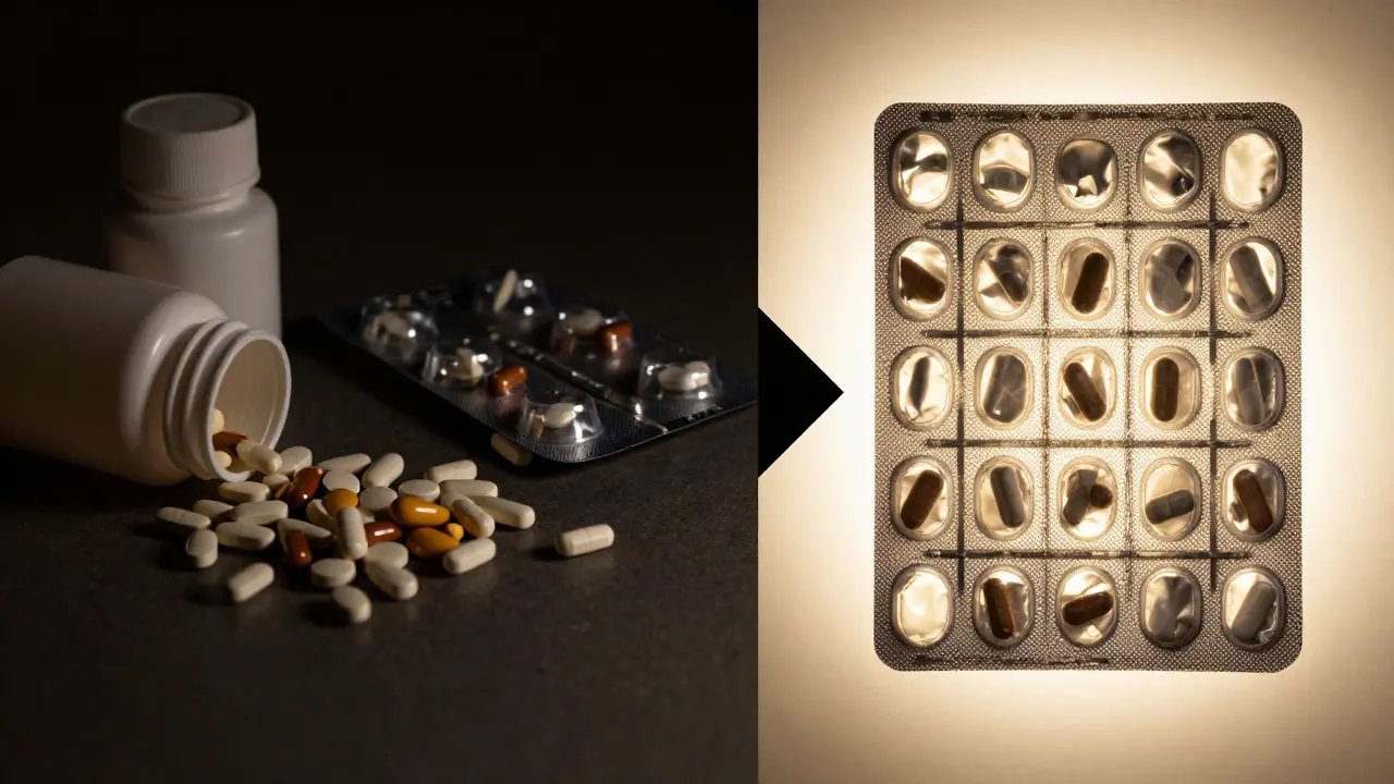Confronto tra pillole disordinate e blister organizzate, simbolo di sicurezza farmaceutica.